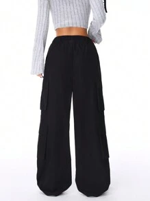 SHEIN Coolane Pantalones negros de cargo de moda urbana para mujer - Negro - Ver 2