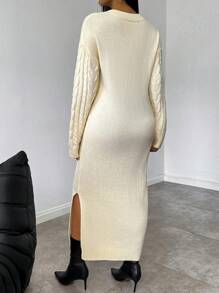 Chiquease Vestido de suéter con cuello en V, manga larga y abertura de unicolor para mujer