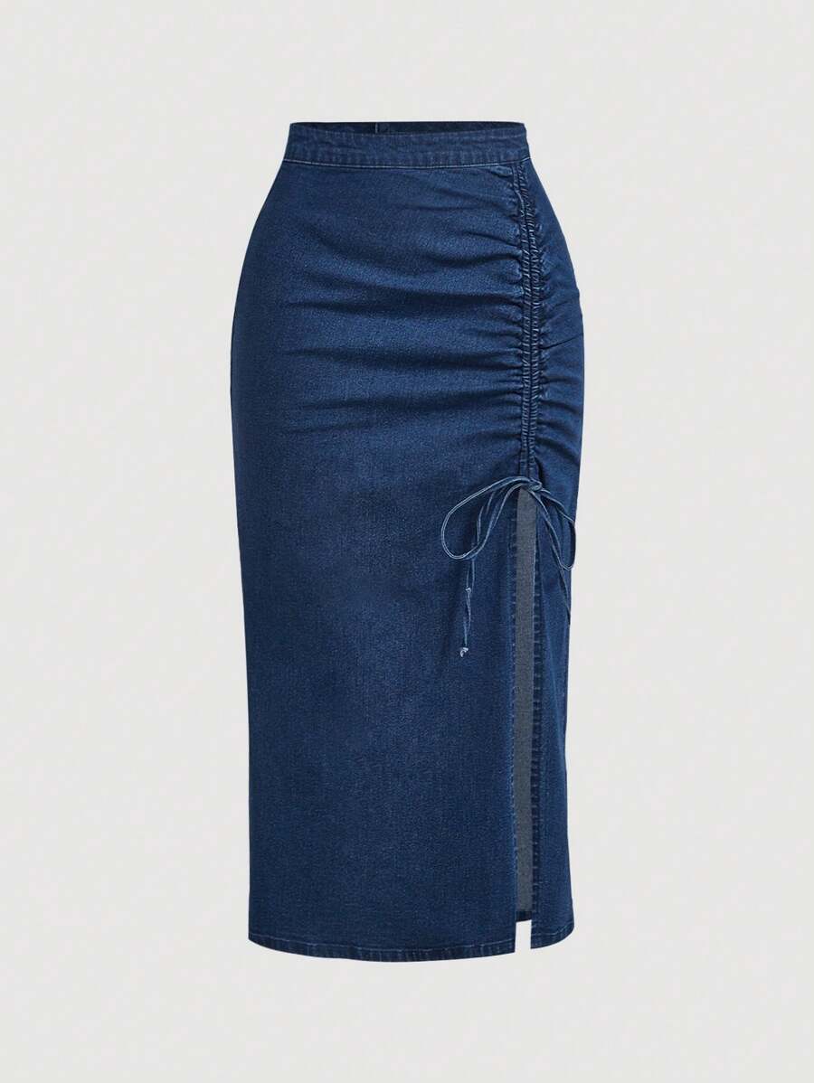 SHEIN MOD 女士纯色简约日常系带牛仔迷你裙 - 深色水洗藍 - 查看 1