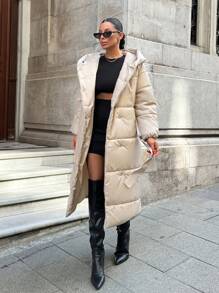 EURMUSE Fashionable Belted Snap Button Padded Coat, Winter Clothes - Beige - View 5