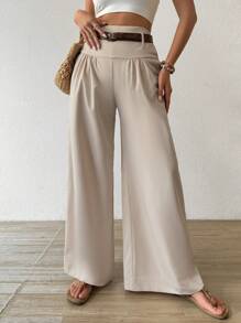 Chiquease Women Solid Color Pleated Loose Leg Pants Daily Casual Fall Cloth For Women - Beige - View 5