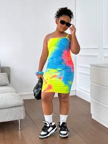 SHEIN Tween Girls' Fitted Casual Scrunchie With Tie-Dye Camisole And Pleated Side Dress