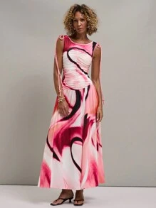 SHEIN Unity Women's Summer Fashionable Tie-Dye Ruched Sleeveless Dress - Multicolor - View 4