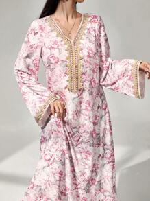 Al Najma Vestido largo con estampado floral, parche de ganchillo, manga larga, elegante y modesto en forma de línea A, vestido tipo kaftan y jalabiya, para fiesta de noche/invitado de boda/aniversario/uso diario