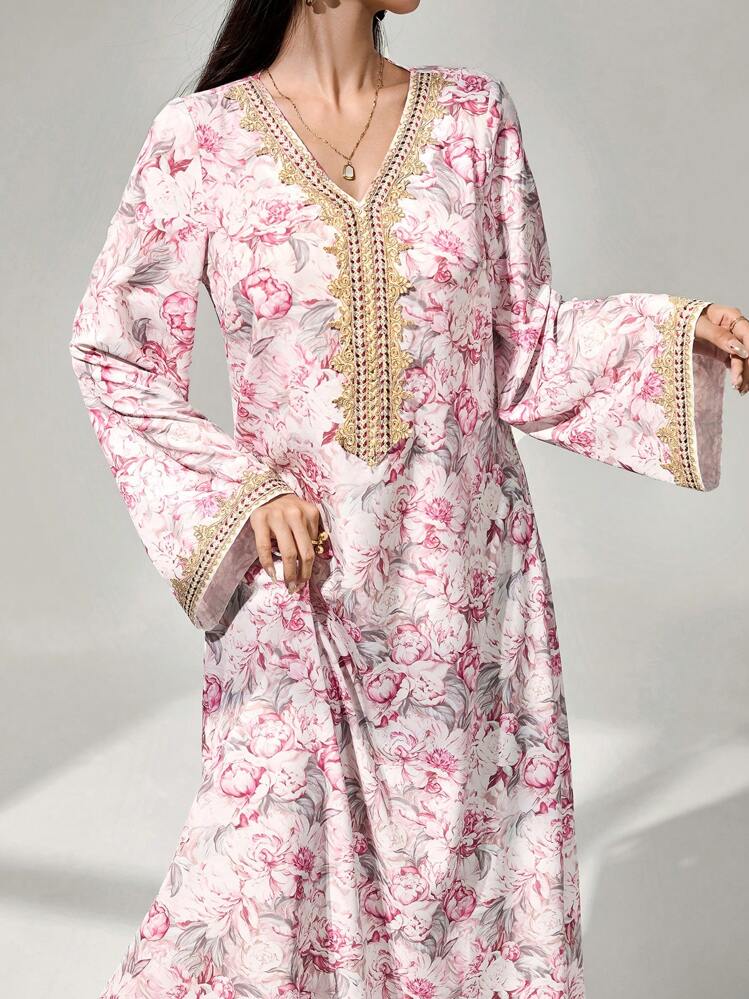 A&M رمضان فستان طويل الأكمام بطبعة زهور، رقعة إبرة...