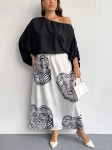 SHEIN Privé Sukienka damska w jednolitym kolorze z kwiatowym nadrukiem i asymetrycznym dekoltem w dużych rozmiarach - Czarne - Zobacz 1