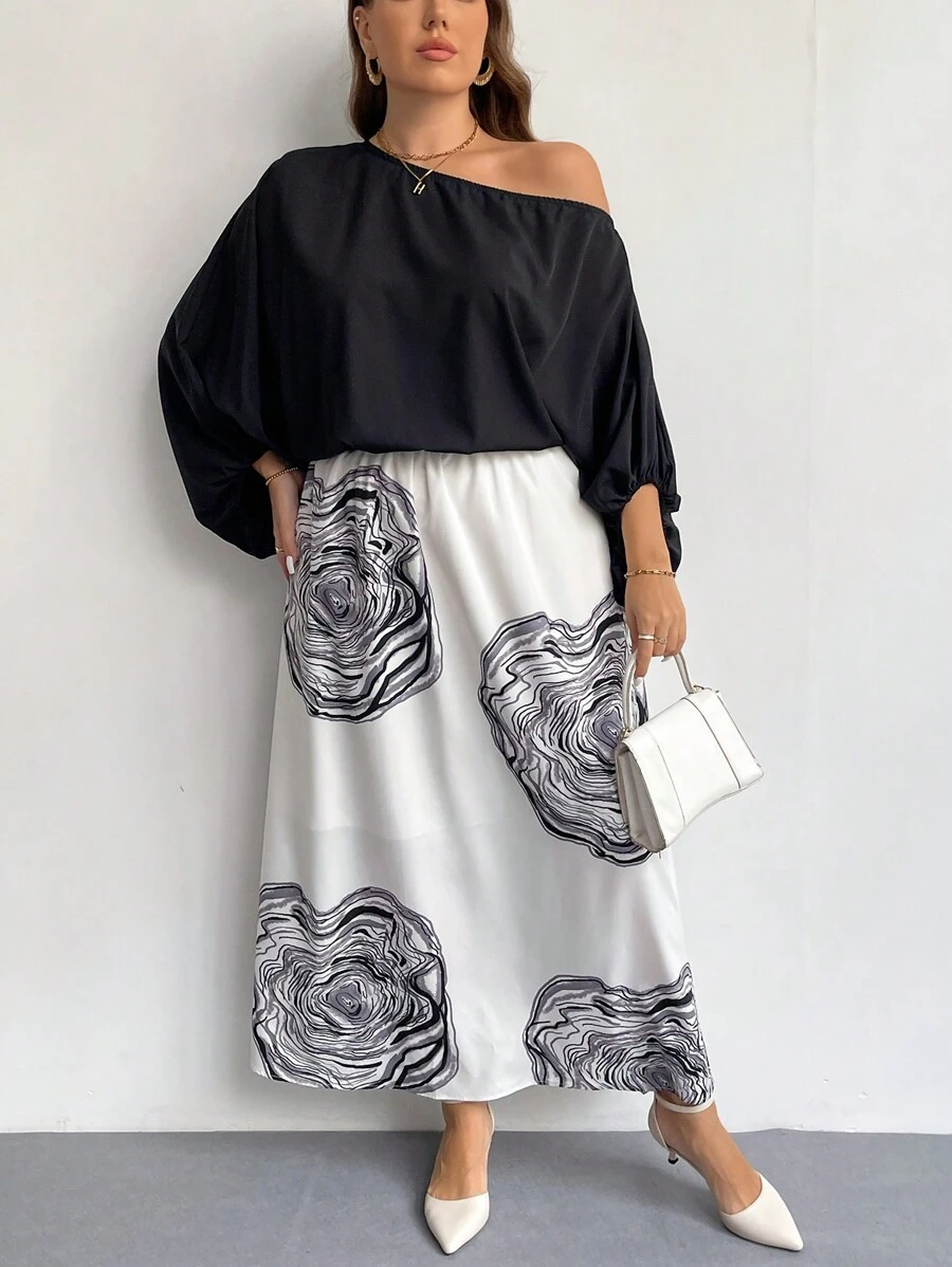 SHEIN Privé Sukienka damska w jednolitym kolorze z kwiatowym nadrukiem i asymetrycznym dekoltem w dużych rozmiarach - Czarne - Zobacz 1