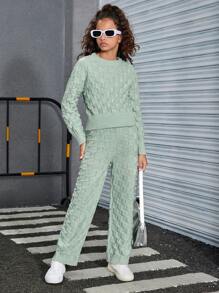 Tween Girls' Simple Knit Long Sleeve Sweater Set, Autumn & Winter - Green - View 8