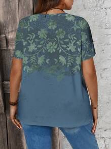 EMERY ROSE Summer Casual Vintage Pattern V-Neck Fitted Plus Size Women T-Shirt