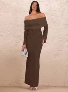 SHEIN BAE Váy suông hở vai tay dài gợi cảm, kỳ nghỉ lãng mạn, tiệc cưới - Cà phê nâu - Xem 5