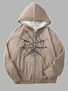 SHEIN Tween Girl Casual Street Style Spider Hooded Zip-Up Sweatshirt For Vacation - Coffee Brown - View 2
