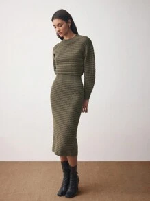 BizChic 女士优雅办公室修身长袖针织连衣裙秋季服装优雅连衣裙秋季连衣裙 - 橄欖綠 - 查看 4