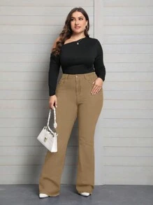 EMERY ROSE 大码女式弹力喇叭裤，带口袋，休闲牛仔裤 - 卡其色 - 查看 4