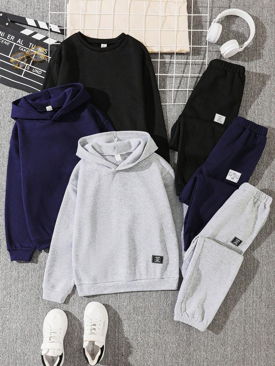 SHEIN 6 件套青少年男孩休闲舒适连帽衫和运动裤套装，羊毛，加厚 - 黑色 - 查看 1