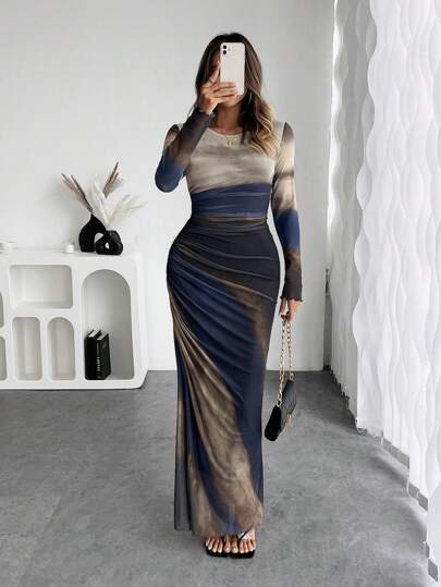 Rafferiza Women Ombre Print Crew Neck Long Sleeve Dress Maxi Women Outfit