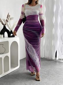 SHEIN Unity Đầm Maxi Tay Dài In Xếp Ly Cổ Tròn Cho Nữ Trang Phục Nữ - Màu tím - Xem 4