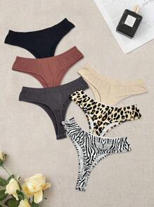 SHEIN Sports 6pcs Women Solid Color, Leopard Print, Zebra Pattern Sports Briefs