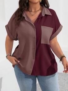 Vionelle Plus Size Women's Color Block Simple Daily Short Sleeve Shirt, For Summer
