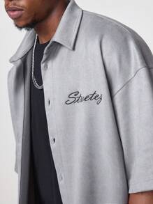 Manfinity VCAY Men's Suede Embroidered English Text Pattern Loose Short Sleeve Shirt Set - Grey - View 2