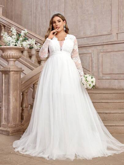 SHEIN Belle Plus Size Elegant Luxurious Romantic White V-Neck Sheer Long Sleeve French Lace Contrast Mesh Ruched Backless High Low Wedding Dress, Bridal Dress,Bride, For Valentine's Day