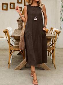 Breezaya Vestido casual de mujer de cuello redondo, sin mangas, con bolsillos, largo maxi para vacaciones o playa