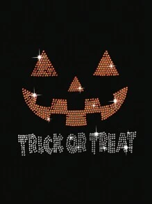 SHEIN LUNE 大码万圣节南瓜水钻黑色圆领 T 恤