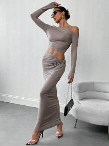 SHEIN Privé 2 件套女士不对称肩长袖 T 恤和长裙优雅休闲装 - 淺灰色 - 查看 7