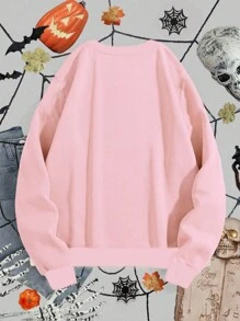 SHEIN LUNE Fall Halloween Ghost & Pumpkin Print Loose Fleece Sweatshirt, Autumn Clothes - Pink - View 2