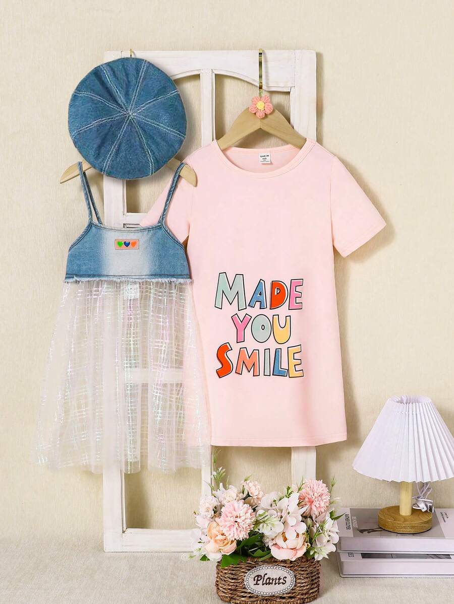 SHEIN 2pcs Summer Casual Slogan Printed Dress With Mesh Inset Slip Dress Set For Young Girls - Pink - View 1
