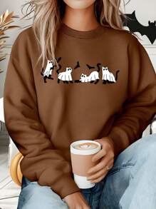 SHEIN LUNE 万圣节幽灵蝙蝠印花圆领女式运动衫 - 咖啡棕 - 查看 5