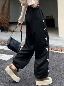 FRIFUL Women's Elastic Side Bow Print Casual Straight Relaxed Sweatpants Women Joggers