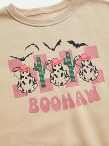 SHEIN Unity Halloween Denim Style Funny Pattern Women Sweatshirt Pullover Fall Sweatshirt - Apricot - View 3