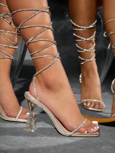 CUCCOO SZL Woman Shoes Minimalist Pyramid Heeled Sandals, Glamorous Glass Strappy Sandals For Summer Graduation Heels Prom Heels Vacation Shoes Summer Back To School Shoes College Student Shoes Sexy Party Baddie Chic Gorgeous Style Halloween Spring Shoes Spring Break Easter