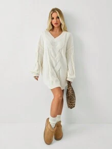 SHEIN Unity Women's Solid Color Long Sleeve Sweater Dress - White - View 3