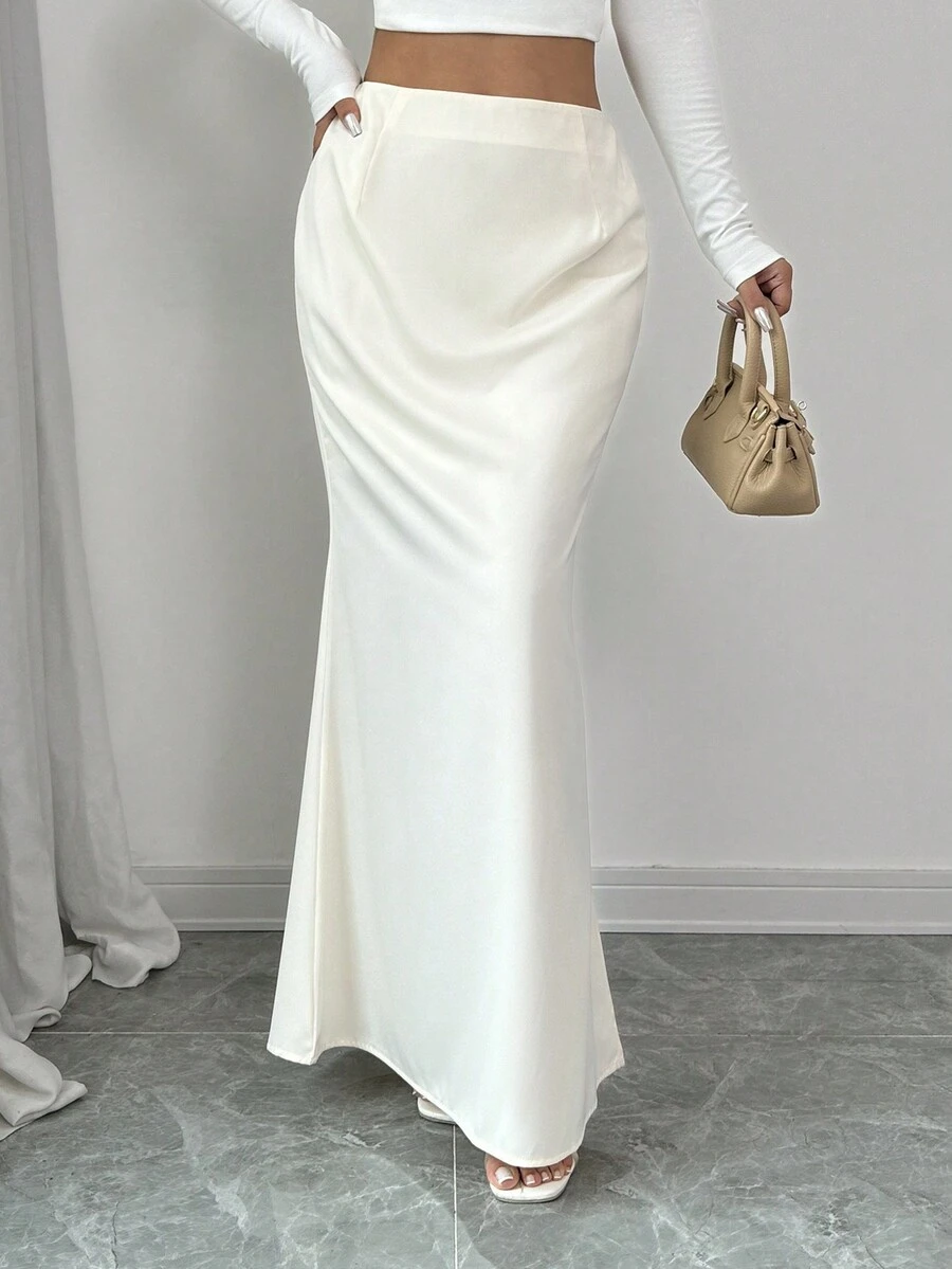 Chiquease Regular Elegant Minimalist Solid Color Mermaid Maxi Skirt, Autumn - Champagne - View 1