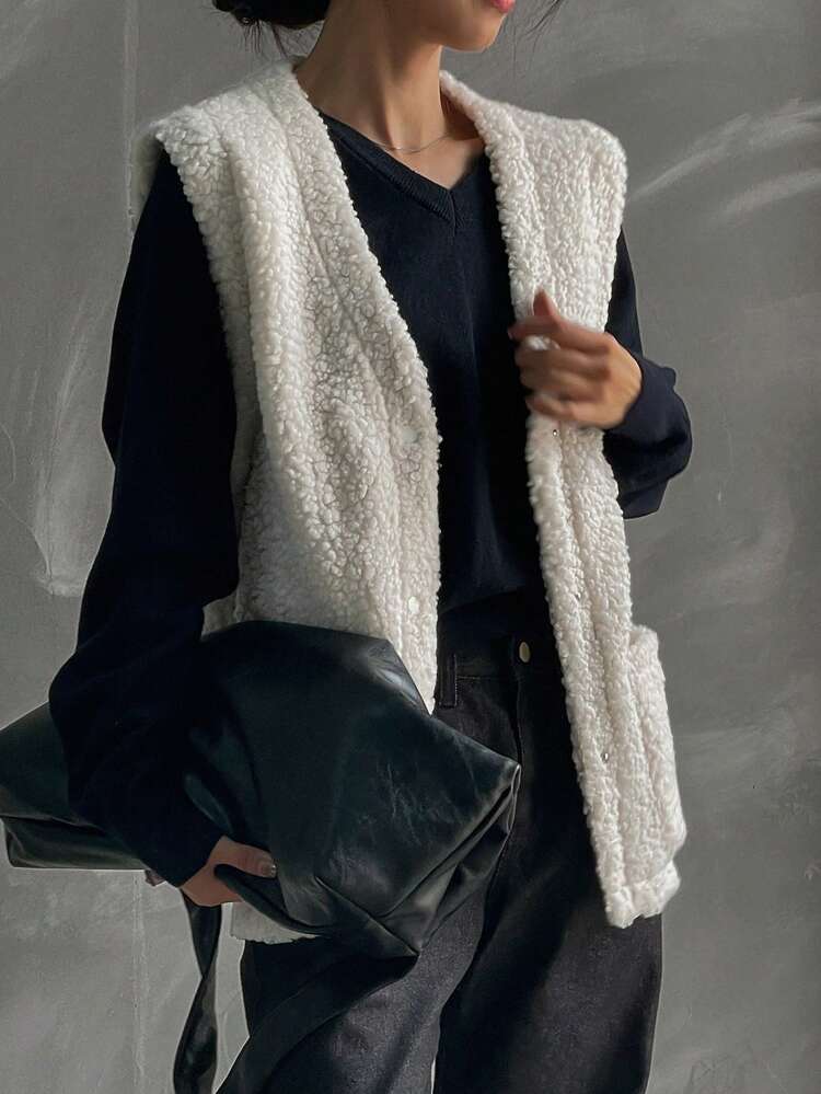 Women's V-Neck Loose Fit Faux Shearling Vest Women Jacket,Fall Women Clothes