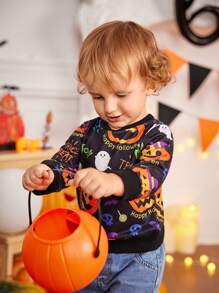 Baby Jungen Süßes Langarm Sweatshirt mit Kürbis- und Geistermotiv, geeignet für Foto-Shootings und Partys im Herbst/Winter