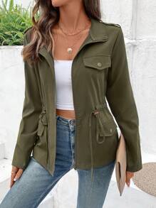 EMERY ROSE Zip-Up Stand Collar Long Sleeve Fitted Jacket Fall Winter Cloth For Women - Army Green - View 5
