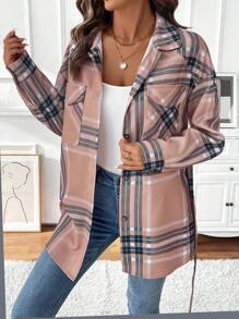 SHEIN LUNE Classic Plaid Print Front Button Pocket Long Sleeve Jacket Fall Cloth For Women