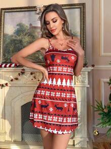 Camisola de noche con estampado de suéter navideño feo con árbol de Navidad y renos - Rojo - Ver 5