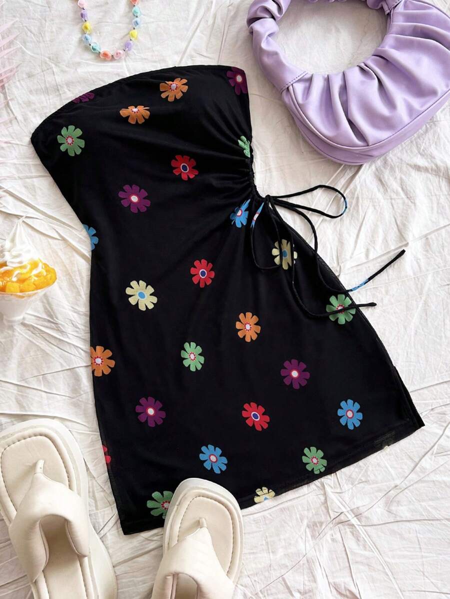Soleia Sexy Multi-Color Floral Print Drawstring Waist Hollow Out Bodycon Camisole Dress - Multicolor - View 1