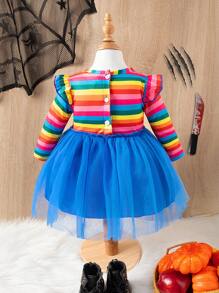 SHEIN Playful Pals 女婴彩虹条纹盖袖吊带二合一服装，秋季温暖舒适可爱风格