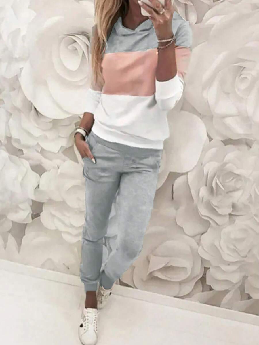 Women Colorblock Hoodie Pullover And Solid Color Pants Sports Suit Spring - Multicolor - View 1