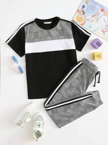 SHEIN 青少年男孩條紋膠帶肩格子犁形頸上衣和褲子套裝