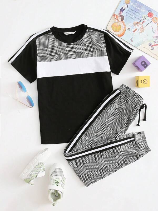 SHEIN Tween Boy Striped Tape Shoulder Plaid Yoke Top & Pants Set