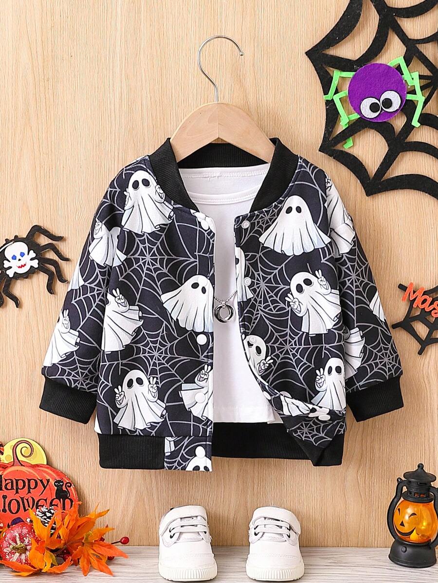 1pc Baby Girl Cute Ghost & Spider Web Print Plush Jacket For Halloween, Autumn/Winter ,Bomber Jacket Kids