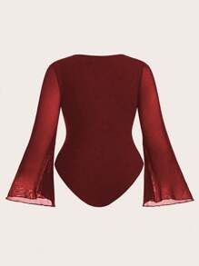 SHEIN MOOSTA 大码纯色长袖网眼撞色紧身衣，休闲与度假风格 - 酒紅色 - 查看 2