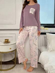 Floral Print Long Sleeve Pajama Set, Fall Winter Clothes Cozy And Elegant Details - Purple - View 5