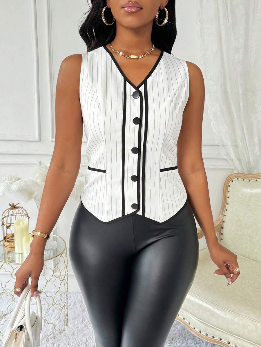 SHEIN Clasi Contrast Trim Front Button Sleeveless Minimalist Suit Vest - White - View 1