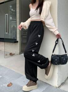 FRIFUL Women's Elastic Side Bow Print Casual Straight Relaxed Sweatpants Women Joggers
